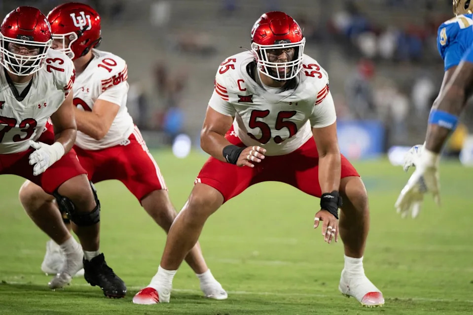 Utah offensive lineman Spencer Fano (55) blocks during an NCAA football game against UCLA. AP