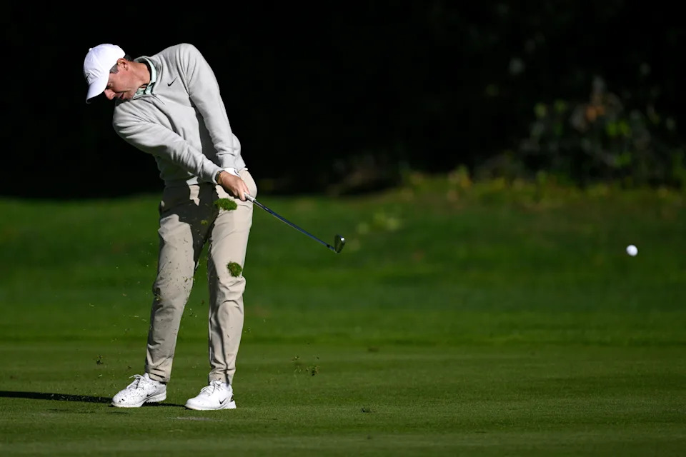 Rory McIlroy plays a shot on the 12th hole during the second round of The Genesis Invitational.