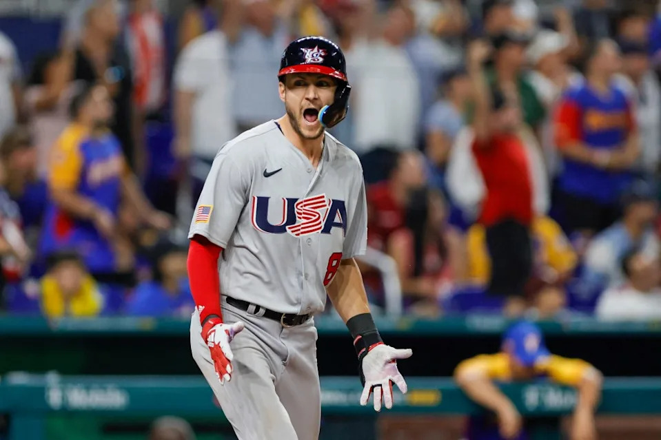 Trea Turner celebrates after hitting a grand slam during a March 2023 game in the World Baseball Classic. USA TODAY Sports