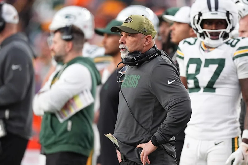 Green Bay Packers special teams coordinator Rich Bisaccia stands on the sideline in the second half of an NFL football game Dec. 14, 2025, in Denver. AP