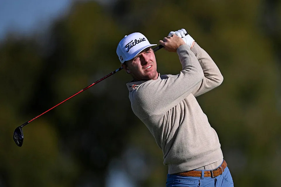 LA JOLLA, CALIFORNIA - JANUARY 31: Ryan Gerard of the United States plays his shot from the second tee during the third round of the Farmers Insurance Open 2026 at Torrey Pines South Course on January 31, 2026 in La Jolla, California. (Photo by Orlando Ramirez/Getty Images)