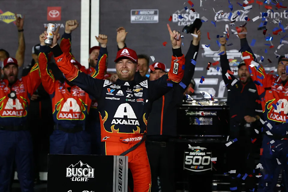 <p>Feb 16, 2025; Daytona Beach, Florida, USA; NASCAR Cup Series driver William Byron (24) reacts in victory lane after winning the Daytona 500 at Daytona International Speedway. Mandatory Credit: Peter Casey-Imagn Images</p>