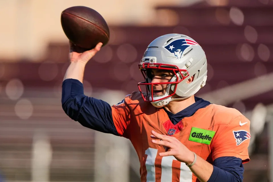 Drake Maye throws a pass during Patriots practice on Feb. 4, 2026 in preparation for Sunday’s Super Bowl. AP