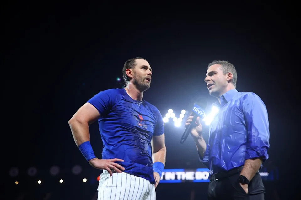 Jeff McNeil talks in an interview with SNY reporter Steve Gelbs after having water dumped on him for hitting a walk-off one-run single in the tenth inning to win the game between the Washington Nationals and the New York Mets at Citi Field on Tuesday, June 10, 2025 in New York, New York. MLB Photos via Getty Images