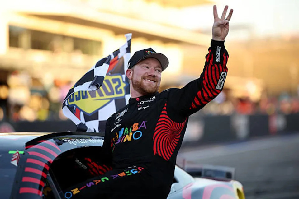 Tyler Reddick, driver of the #45 Chumba Casino Toyota, celebrates after winning his third race in a row to start the 2026 NASCAR season. &lpar;Photo by James Gilbert&sol;Getty Images&rpar;