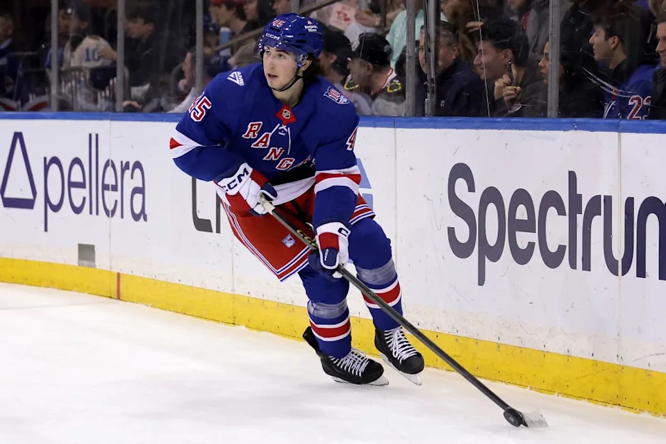 Drew Fortescue skates with the puck during the Rangers-Blackhawks game on March 26, 2026. IMAGN IMAGES via Reuters Connect