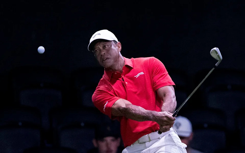 Tiger Woods of Jupiter Links GC warms up before match against Los Angeles Golf Club during the TGL finals at SoFi Center on March 24, 2026, in Palm Beach Gardens, Florida.