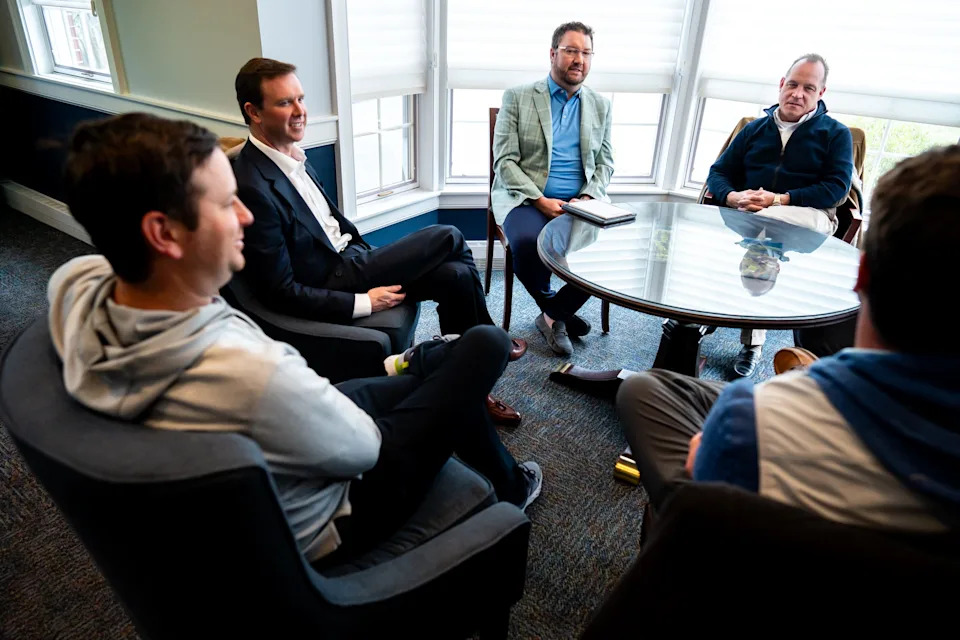 Brookside Country Club Director of Golf Cory Kumpf, from left, board Chairman Ryan Fulmer, immediate past board Chairman Phil Eckinger, General Manager Tod Pierce and course Superintendent J.R. Lynn discuss a planned restoration at the Jackson Township club.
