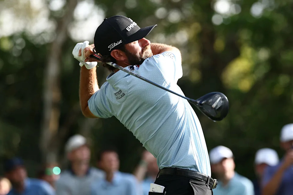 Cameron Young plays his shot from the 15th tee Sunday at the 2026 Players Championship.