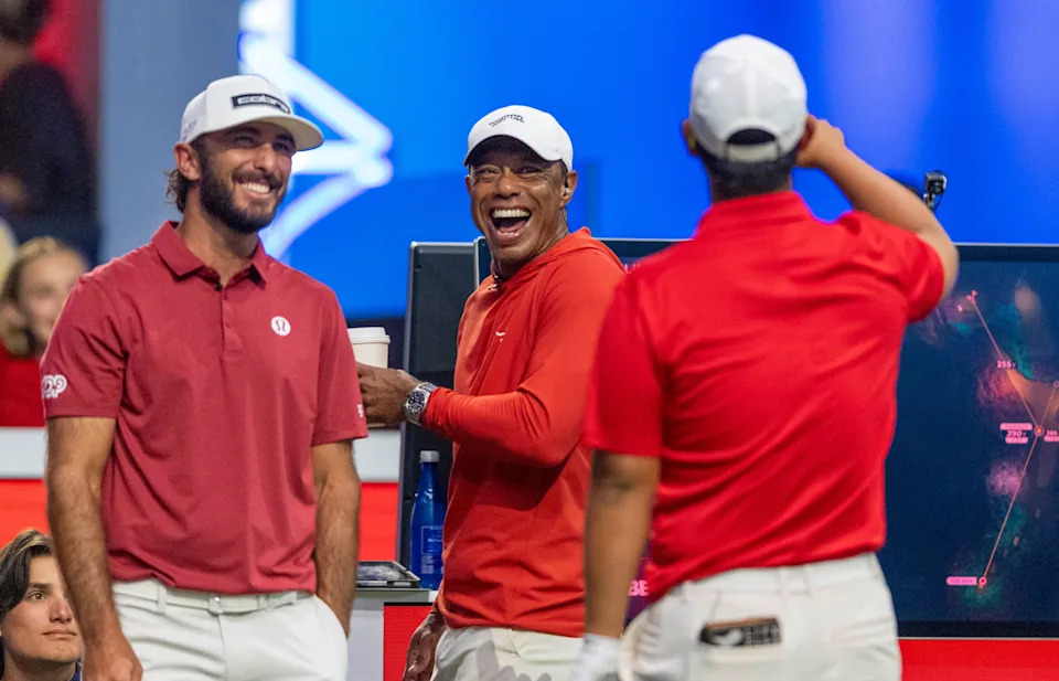 Max Homa and Tiger Woods of Jupiter Links GC laugh during match against Los Angeles Golf Club during the TGL finals at SoFi Center on March 23, 2026, in Palm Beach Gardens, Florida