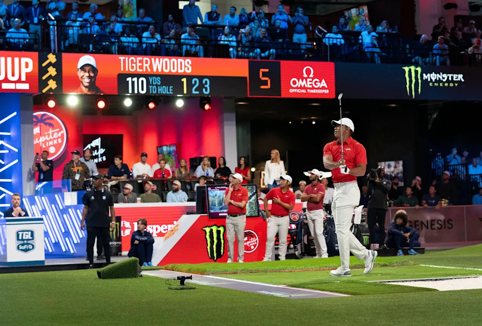 Tiger Woods of Jupiter Links GC tees off during match against Los Angeles Golf Club during the TGL finals at SoFi Center on March 24, 2026, in Palm Beach Gardens, Florida.