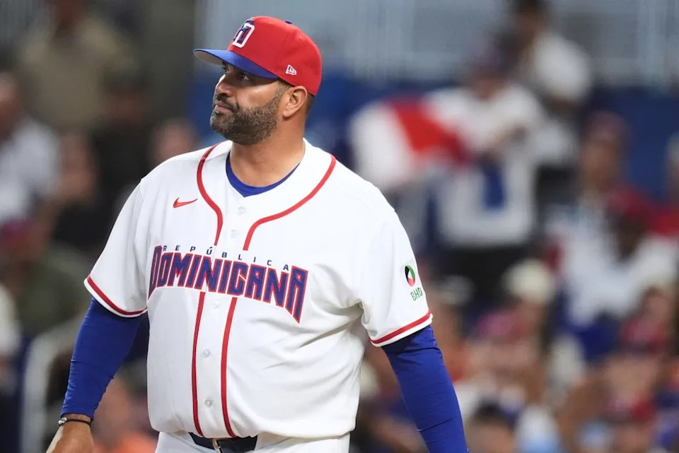 Dominican Republic manager Albert Pujols walks on the field during the third inning of their win over the Netherlands on March 8, 2026, in Miami. AP