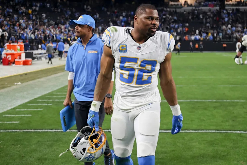Khalil Mack walks off the field after the Chargers’ win over the Raiders at Allegiant Stadium on Jan. 5, 2025 in Las Vegas. Getty Images