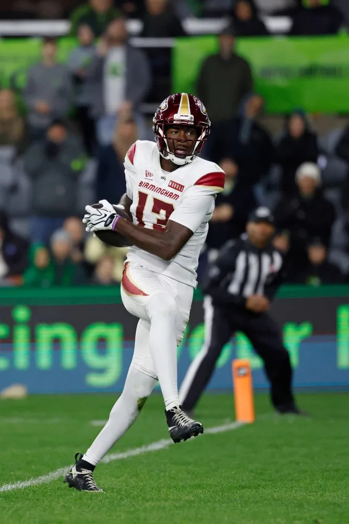 Justyn Ross (13) of the Birmingham Stallions makes a touchdown reception in the fourth quarter to lead the Birmingham Stallions to a 15-13 win over the Louisville Kings on March 27, 2026 at Lynn Family Stadium in Louisville. Icon Sportswire via Getty Images