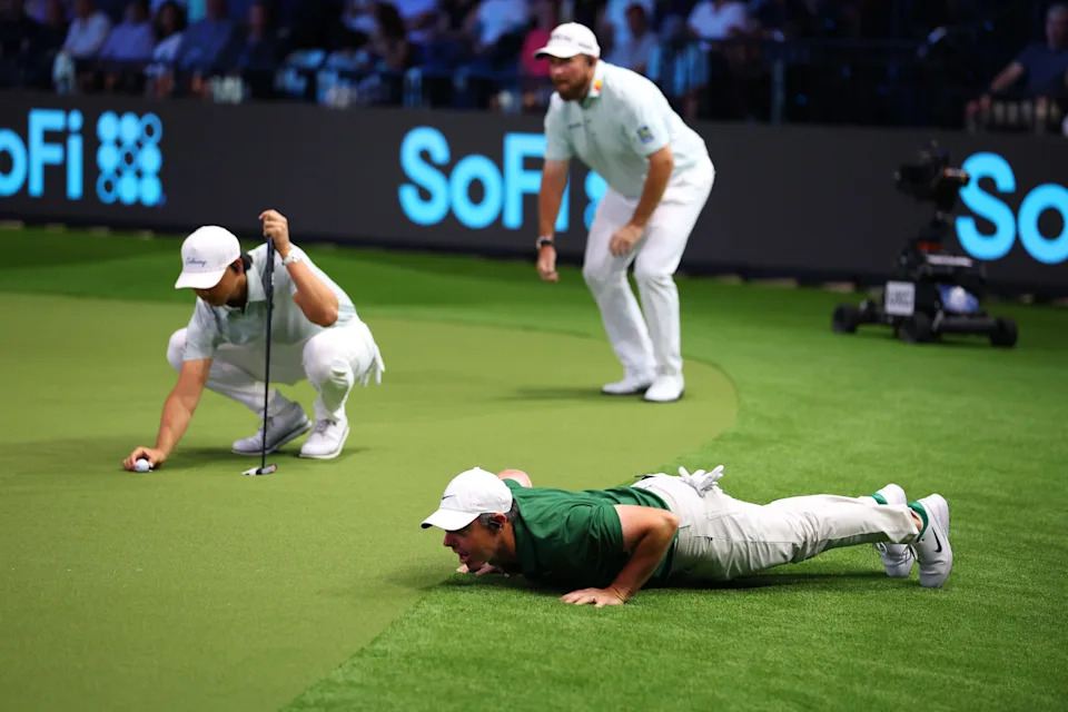 PALM BEACH GARDENS, FLORIDA - JANUARY 26: Rory McIlroy of Boston Common Golf lines up a putt on the seventh green against The Bay Golf Club at SoFi Center on January 26, 2026 in Palm Beach Gardens, Florida. (Photo by Megan Briggs/TGL/TGL Golf via Getty Images)