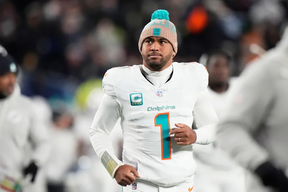 Tua Tagovailoa runs off the field during the first half of the Dolphins’ blowout loss to the Patriots on Jan. 4, 2026 in Foxborough, Mass. AP