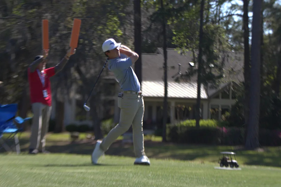 Buck Brumlow, a UGA alum, tees off at the fifth hole of the Deer Creek Course in the Club Car Championship on March 26, 2026.