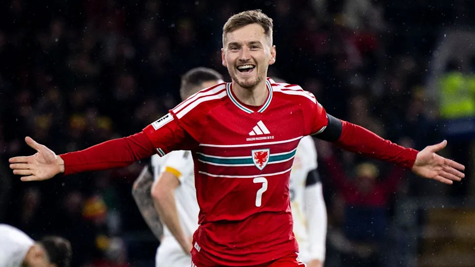 David Brooks spreads his arms wide and beams in celebration at scoring against North Macedonia