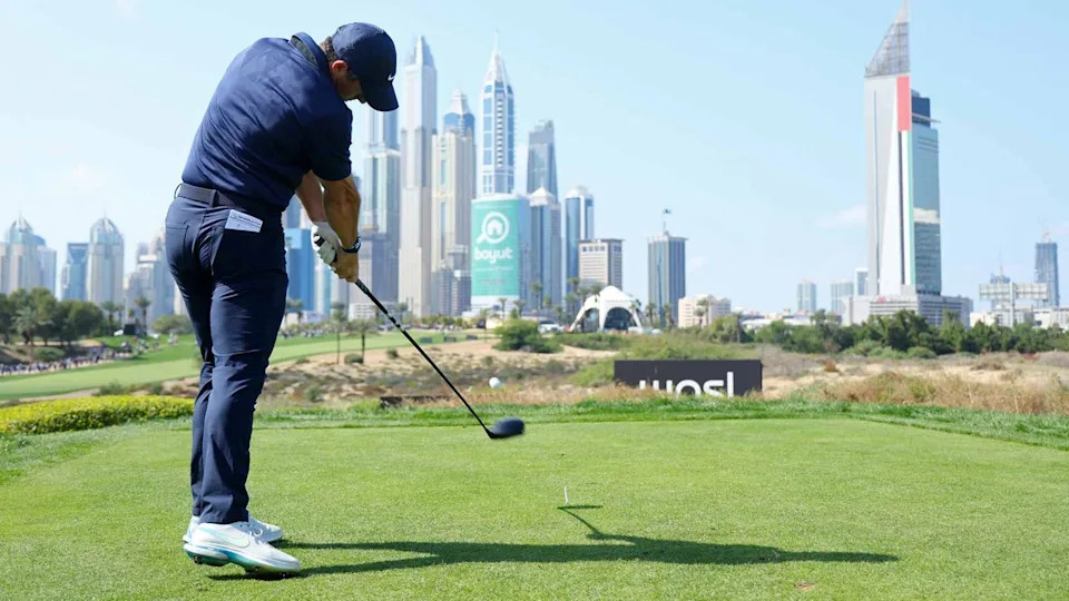 rory mcilroy hits a drvie during the 2023 dubai desert classic