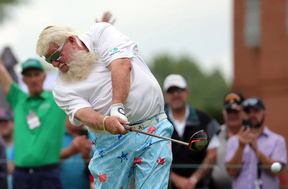 John Daly of Dardenelle, Arkansas drives his ball down the No. 10 fairway during the first round of the 2025 Kaulig Companies Championship at Firestone Country Club, Thursday, June 19, 2025, in Akron, Ohio.