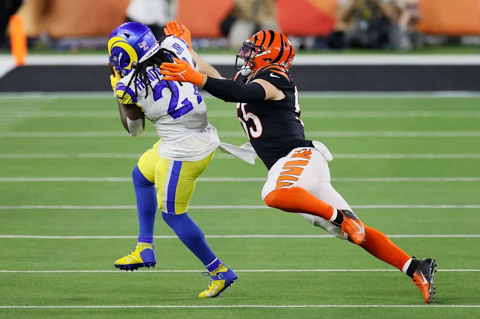 Darrell Henderson of the Los Angeles Rams catches the ball as Logan Wilson of the Cincinnati Bengals defends during Super Bowl LVI at SoFi Stadium on February 13, 2022 in Inglewood, California. Getty Images