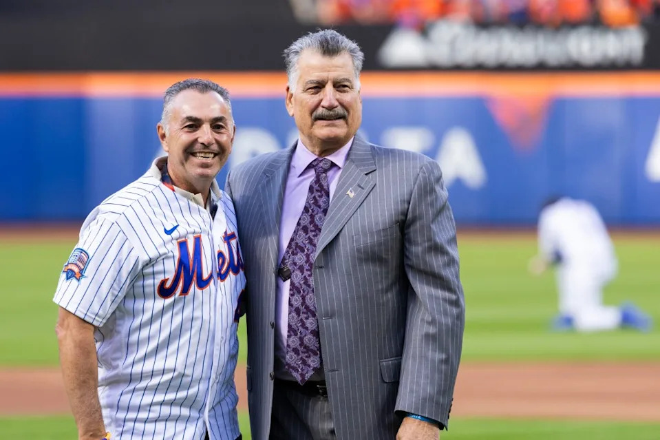 Retired New York Mets Keith Hernandez and John Franco throw out the first pitch before Game 3 of the NLDS playoffs against the Philadelphia Phillies at Citi Filed, Tuesday, Oct. 8, 2024. Corey Sipkin for the NY POST
