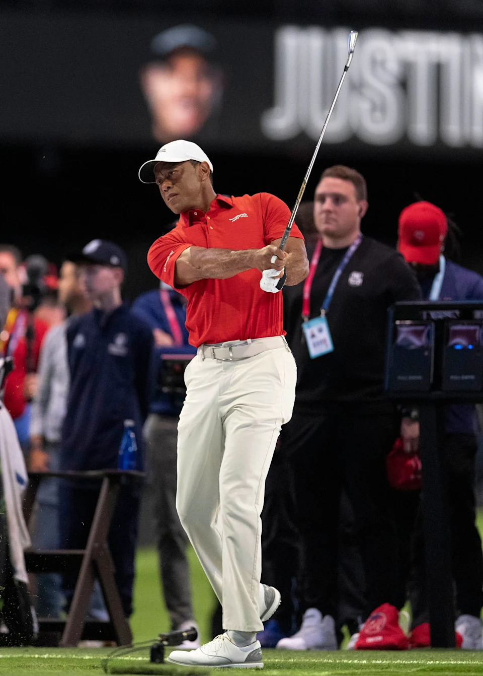 Tiger Woods of Jupiter Links GC warms up before match against Los Angeles Golf Club during the TGL finals at SoFi Center on March 24, 2026, in Palm Beach Gardens, Florida.