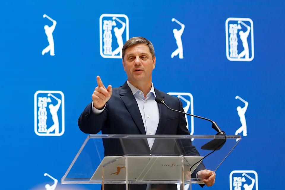 Brian Rolapp, CEO of the PGA Tour, takes questions from the media ahead of the 2026 Players Championship at TPC Sawgrass.