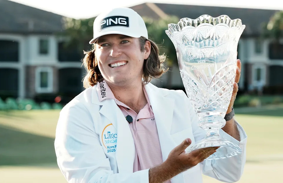 Neal Shipley with the trophy after a fifth playoff hole on the 18th hole after sinking a 38-ft putt and winning the tournament by one stroke at the LECOM Suncoast Classic at Lakewood National Golf Club on April 19, 2025 in Lakewood Ranch, Florida.