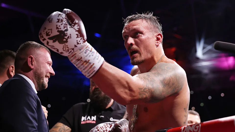 LONDON, ENGLAND - JULY 19: Oleksandr Usyk celebrates victory by knock out over Daniel Dubois (not pictured) after Referee Michael Griffin (not pictured) stops the bout during their IBF, IBO, WBC and WBO World Heavyweight titles' fight on the 'Undisputed' fight night card at Wembley Stadium on July 19, 2025 in London, England. (Photo by Richard Pelham/Getty Images)