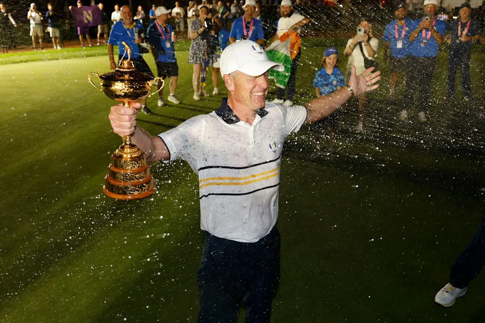 Team Europe captain Luke Donald reacts after defeating Team USA on the final day of competition for the Ryder Cup at Bethpage Black.