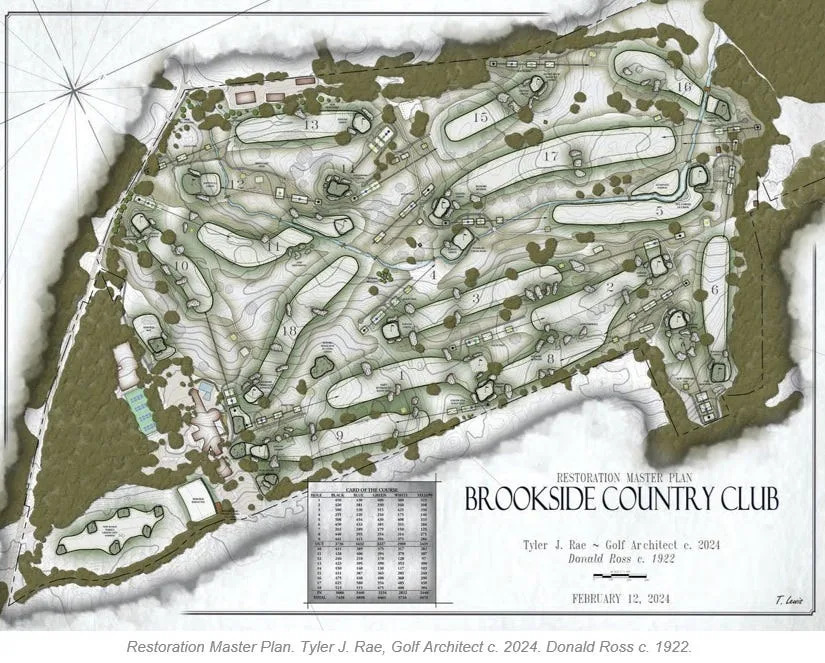 A course drawing from Tyler Rae's recently created restoration plan for Brookside Country Club. Work is to begin next year and be complete by June 2028.