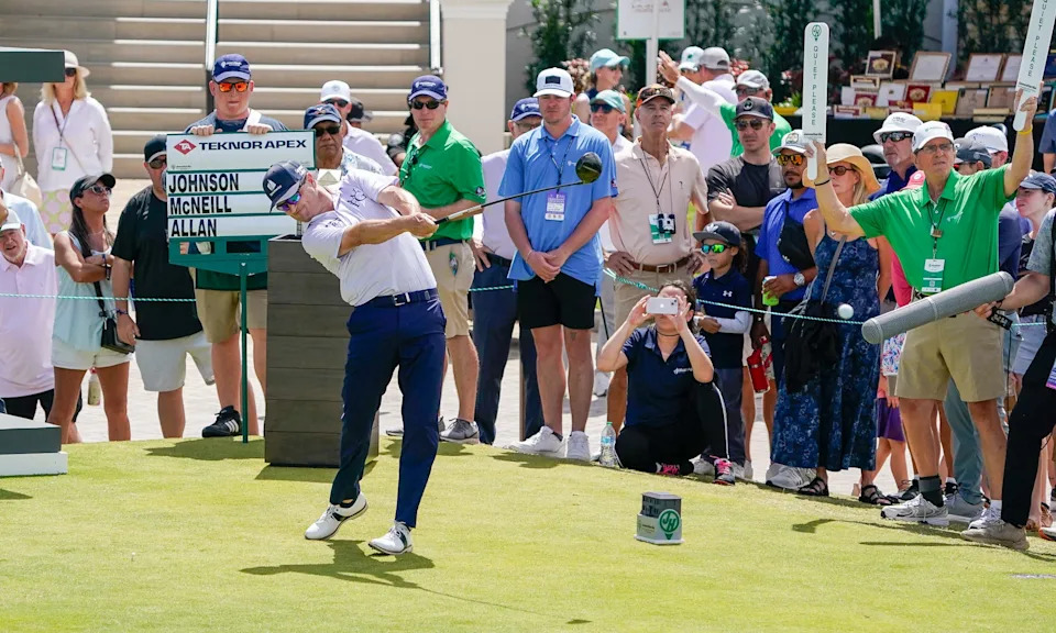 Zach Johnson plays his tee shot on the 10th hole during the final round of the James Hardie Pro Football Hall of Fame Invitational at The Old Course at Broken Sound Club on Sunday, March 8, 2026, in Boca Raton, FL.