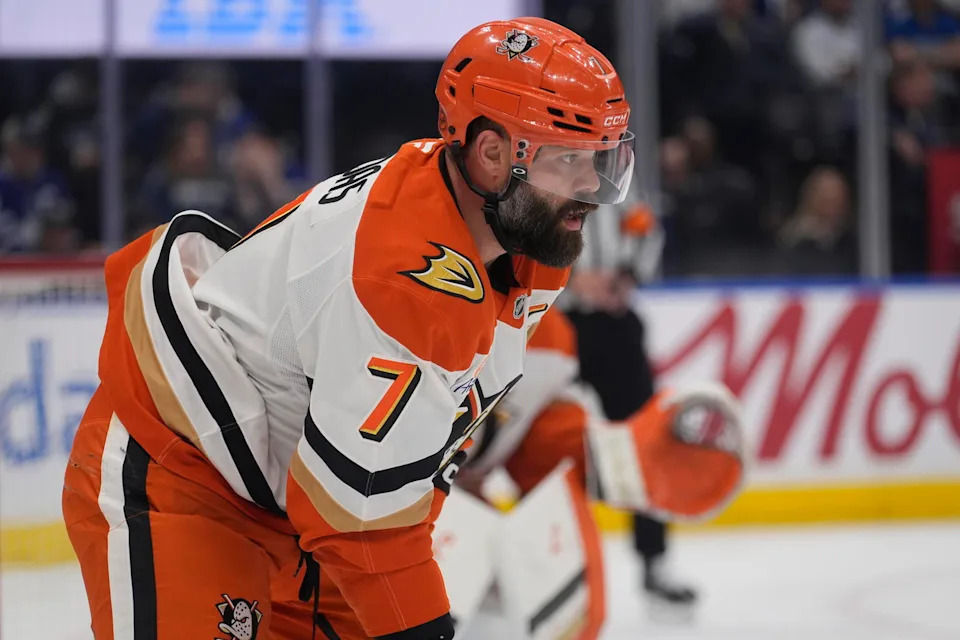 Mar 12, 2026; Toronto, Ontario, CAN; Anaheim Ducks defenseman Radko Gudas (7) gets set for a face off against the Toronto Maple Leafs during the first period at Scotiabank Arena. Mandatory Credit: John E. Sokolowski-Imagn Images