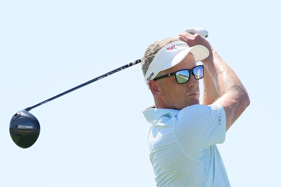 Luke Donald plays his shot from the 14th tee during the second round of the 2025 World Wide Technology Championship at El Cardonal at Diamante.