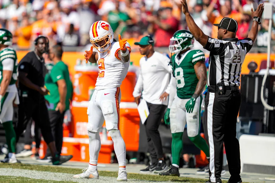 TAMPA, FL - SEPTEMBER 21: wide receiver Emeka Egbuka (2) of the Tampa Bay Buccaneers celebrates after a first down catch during a game between the New York Jets and the Tampa Bay Buccaneers, September 21, 2025 at Raymond James Stadium in Tampa, Florida. (Photo by Ricky Bowden/Icon Sportswire)
