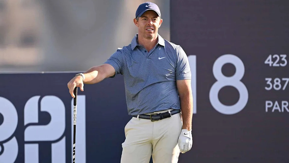 Rory McIlroy looks on at the 18th tee Sunday during the 2026 Dubai Invitational.