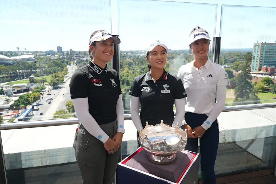 Major champions Hannah Green, Minjee Lee and Grace Kim pose with the Patricia Bridges Bowl in Adelaide.