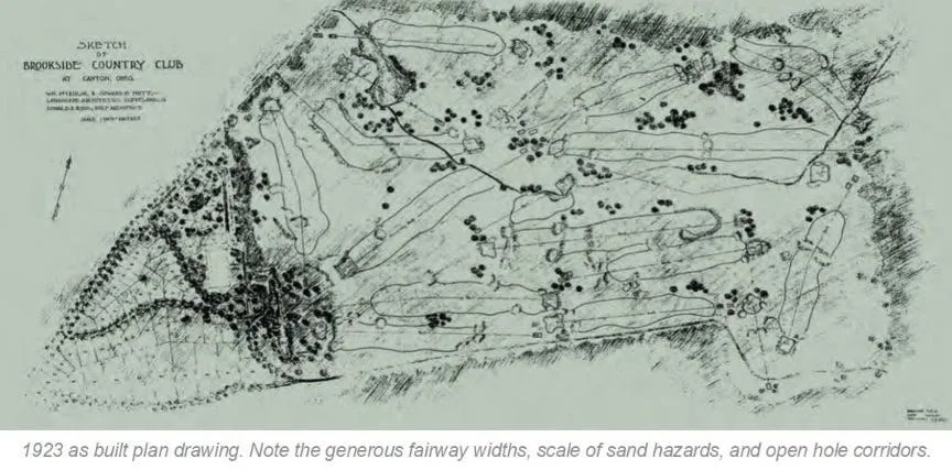 A 1923 "as built" drawing of Brookside Country Club. Restoration architect Tyler Rae examined many old photos and drawings in creating a master plan.