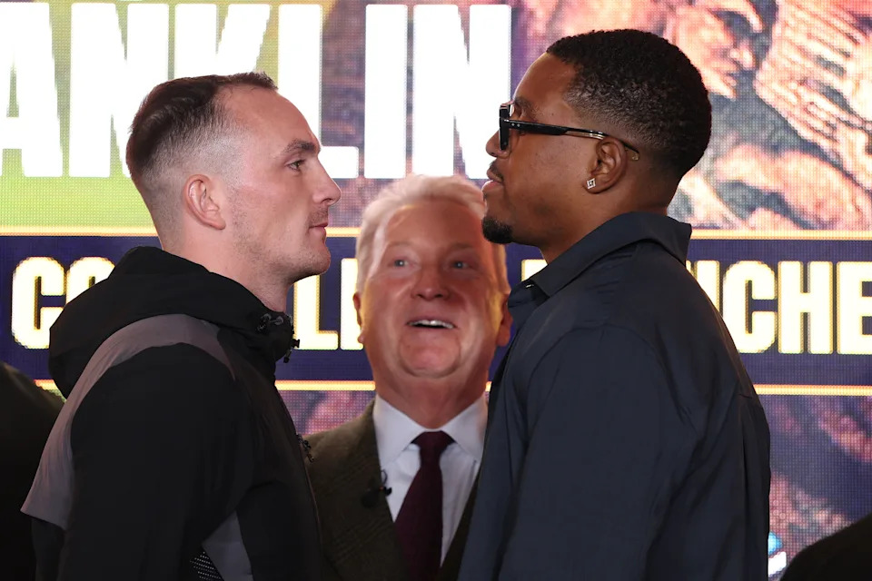 MANCHESTER, ENGLAND - NOVEMBER 17: Willy Hutchinson and Ezra Taylor go head to head during the Magnificent 7 Launch Press Conference at Co-op Live on November 17, 2025 in Manchester, England. (Photo by Alex Livesey/Getty Images)