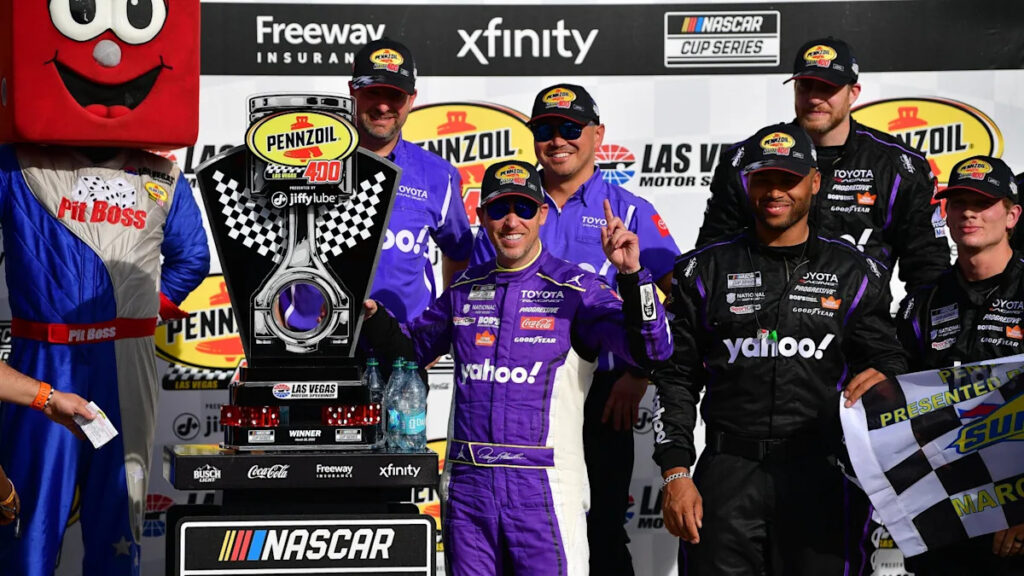 Denny Hamlin storms back to win at Las Vegas after early penalty Denny Hamlin storms back to win at Las Vegas after early penalty
