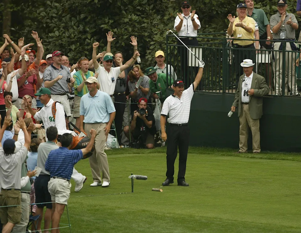 AUGUSTA, GA - APRIL 11: Padraig Harrington of Ireland celebrates a hole-in-one on the 16th hole during the final round of the Masters at the Augusta National Golf Club on April 11, 2004 in Augusta, Georgia. (Photo by Harry How/Getty Images)