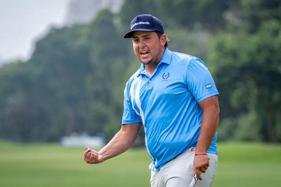 Mateo Pulcini of Argentina celebrates a putt for par to extend the play-off during the final round of the 2026 Latin America Amateur Championship being played at the Lima Golf Club in Lima, Peru on Sunday 18 January 2026.