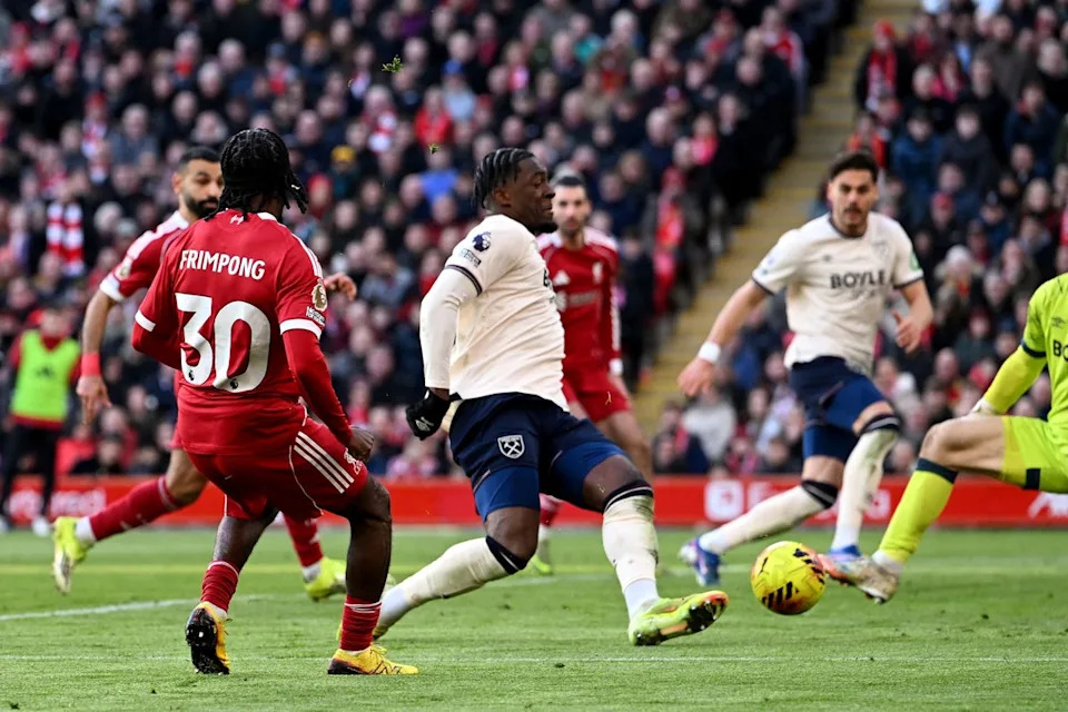 Jeremie Frimpong forced Liverpool's fifth goal against West Ham (Liverpool FC via Getty Images)