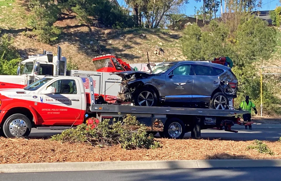 The vehicle driven by Tiger Woods on the back of a truck in Los Angeles following his crash on February 23, 2021 (PA Wire)