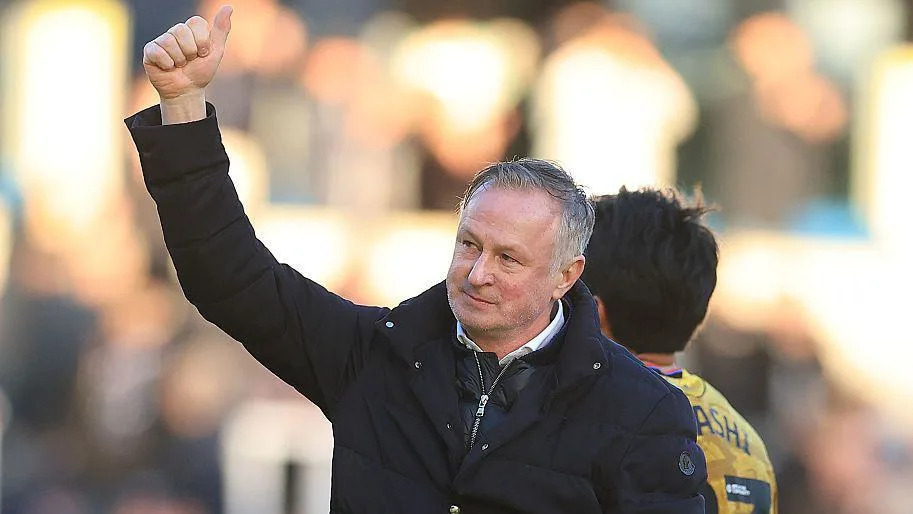 Michael O'Neill gives a thumbs-up to the fans