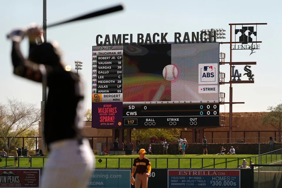 The Automated Ball/Strike System plays on the scoreboard after a pitch call was challenged during the first inning of a spring training baseball game between the Chicago White Sox and the San Diego Padres, Feb. 26, 2025, in Phoenix. AP
