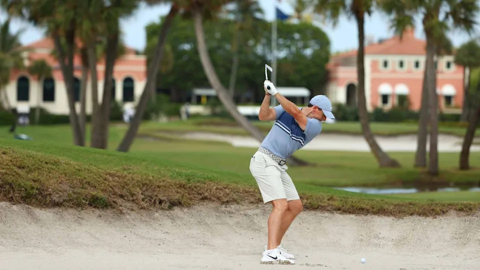 Rory McIlroy, wo is in 2026 Seminole Pro-Member field, plays a bunker shot at Seminole Golf Club in 2020.