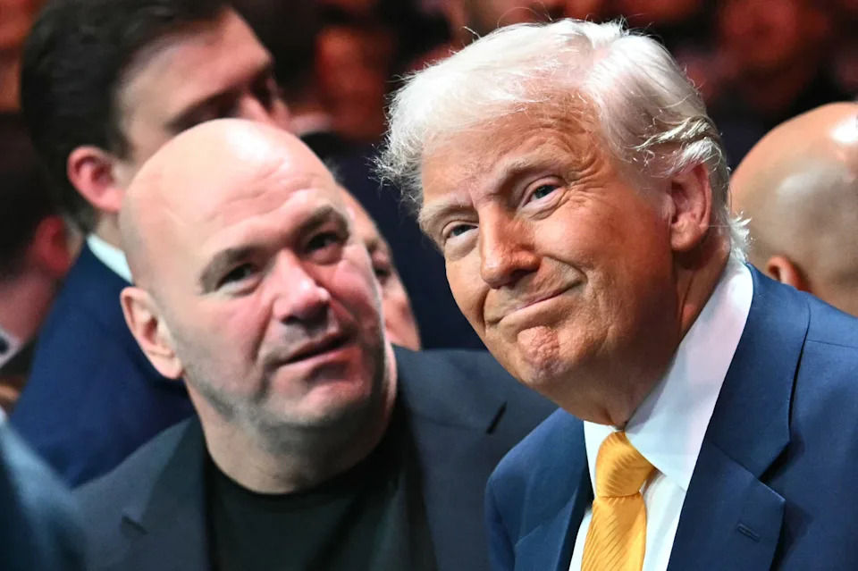 CORRECTION / CEO and President of the Ultimate Fighting Championship (UFC) Dana White (L) and US President Donald Trump attend UFC 314 at the Kaseya Center in Miami, Florida, on April 12, 2025. (Photo by Mandel NGAN / AFP) /