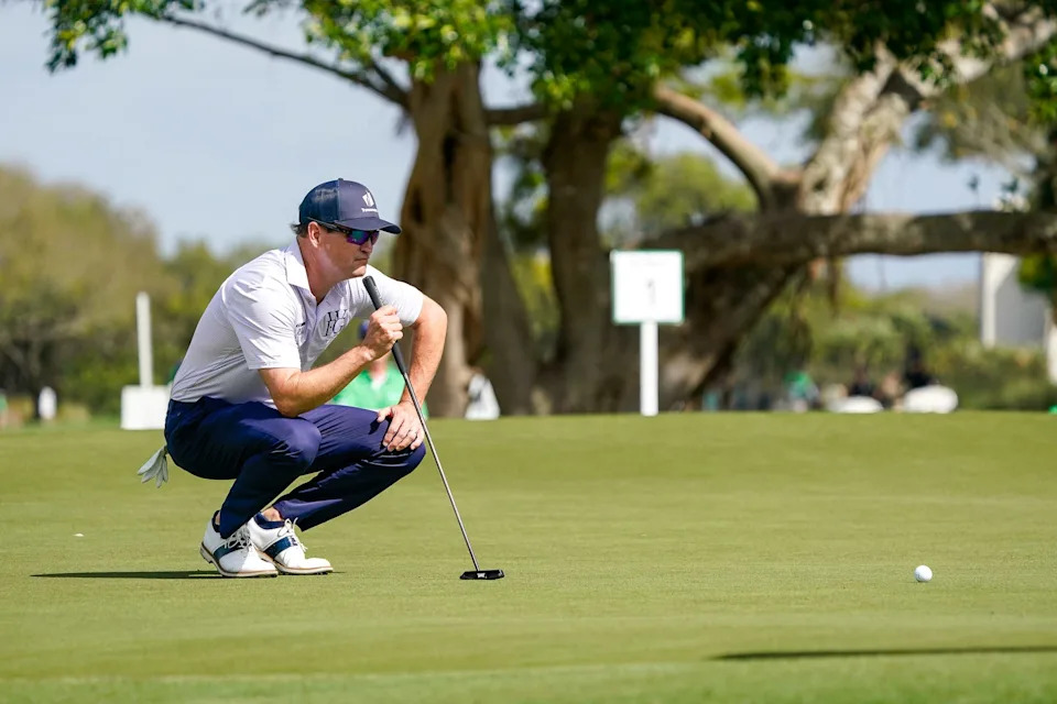 Zach Johnson lines up his birdie putt on the first hole during the final round of the James Hardie Pro Football Hall of Fame Invitational at The Old Course at Broken Sound Club on Sunday, March 8, 2026, in Boca Raton, FL.